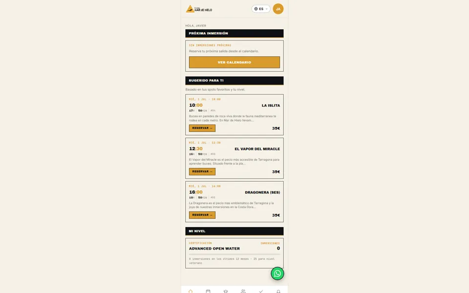 App del buceador con la marca del club: próximas inmersiones y sugerencias por nivel